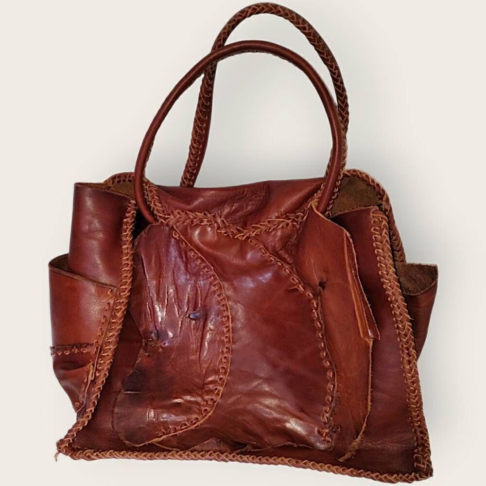 Artisan Hand Stitched Brown Leather Whipstitch Tote Bag Braided Handle‎ Boho
